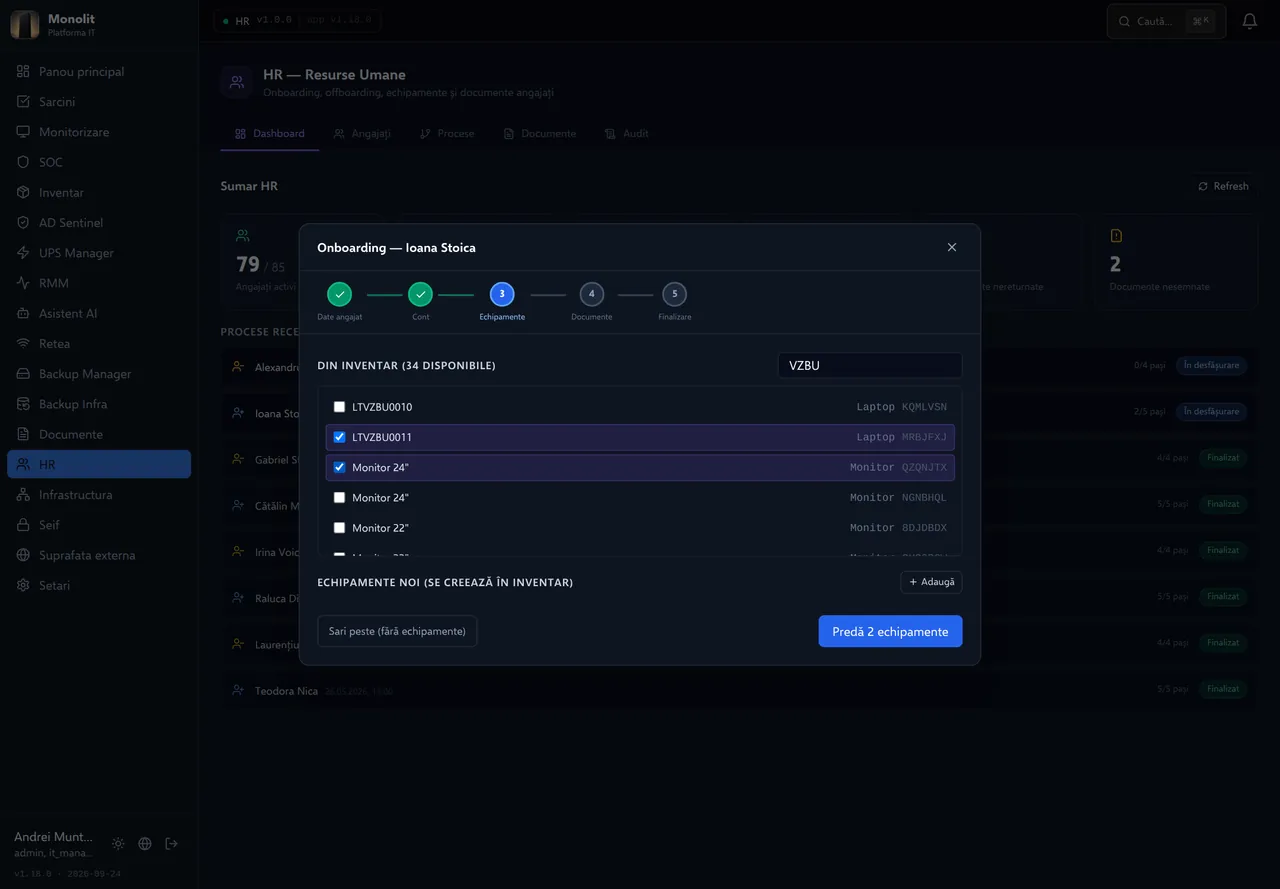Onboarding: Ioana Stoica. Pasul 3 din 5 pentru Ioana Stoica, care începe pe 1 octombrie la vânzări: laptopul LTVZBU0011 și un monitor sunt alese direct din inventar, după ce contul a fost creat la pasul anterior. La finalizare, tichetul IT pentru contul AD, e-mail, VPN și stație se creează automat în Task Manager.