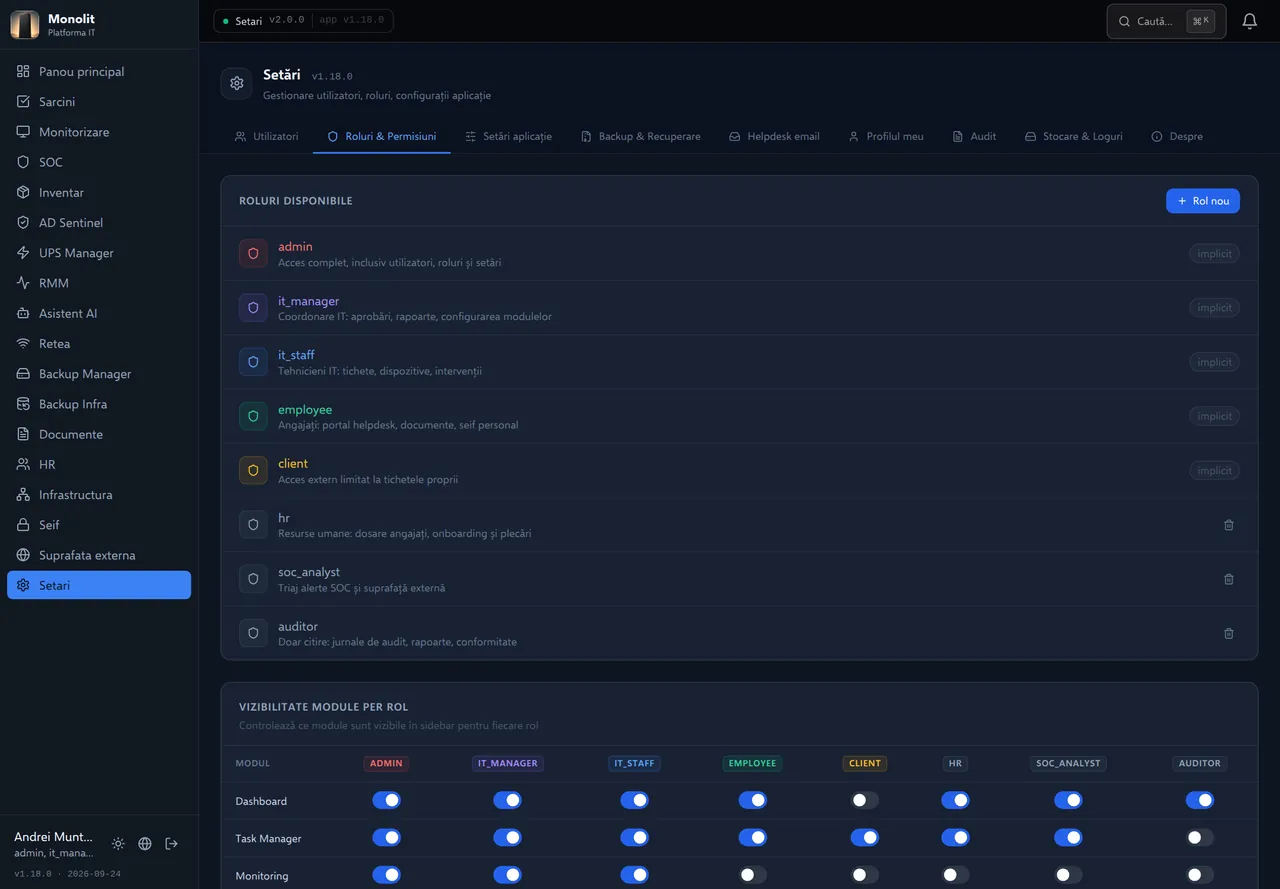Roluri și vizibilitatea modulelor. Cele cinci roluri implicite, plus trei create pentru firmă (hr, soc_analyst, auditor). Dedesubt, tabelul care stabilește ce module apar în meniu pentru fiecare rol.